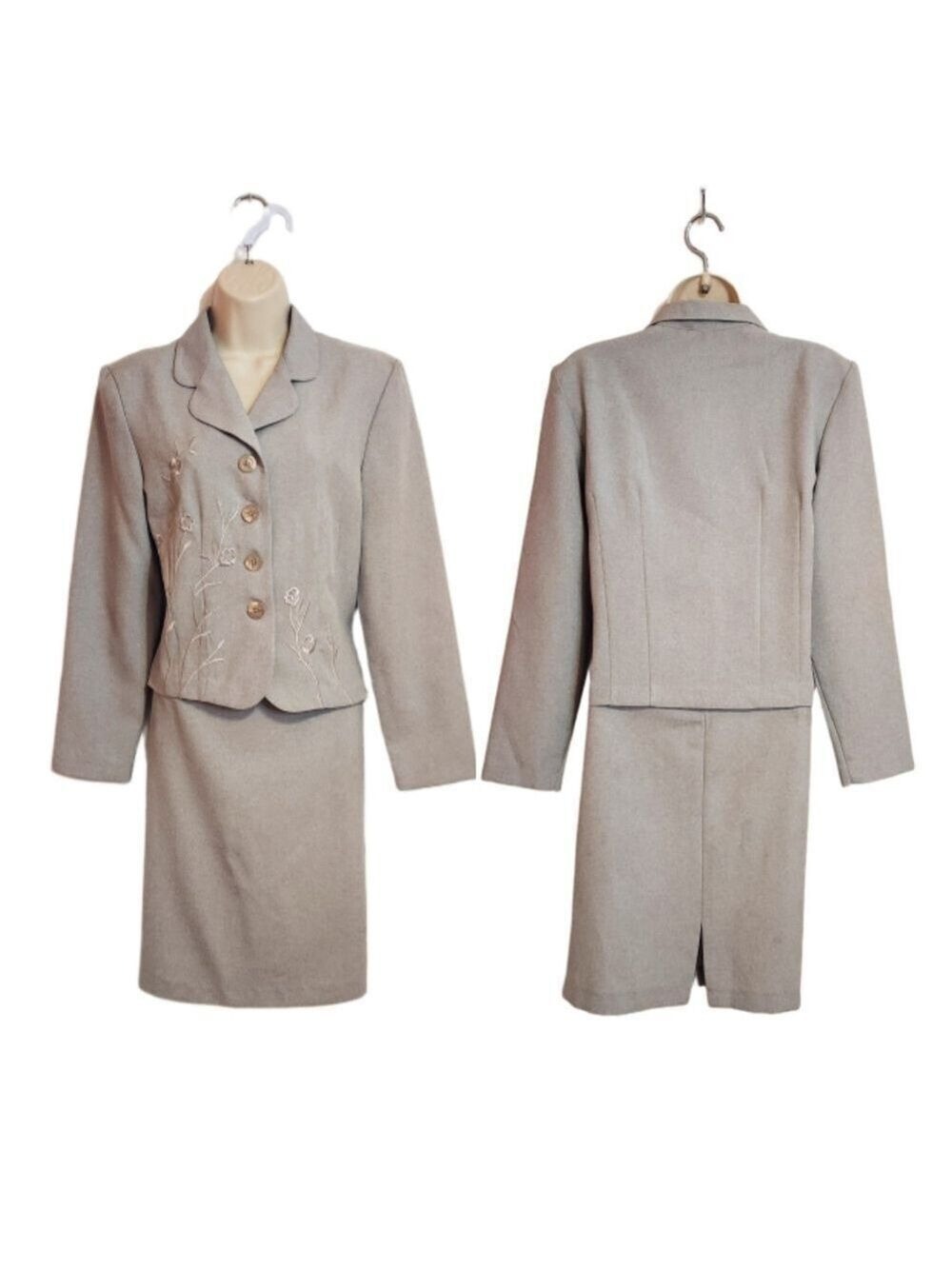 Vintage 90s Spago Floral Embroidery Button Front Blazer Straight Skirt Suit Grey